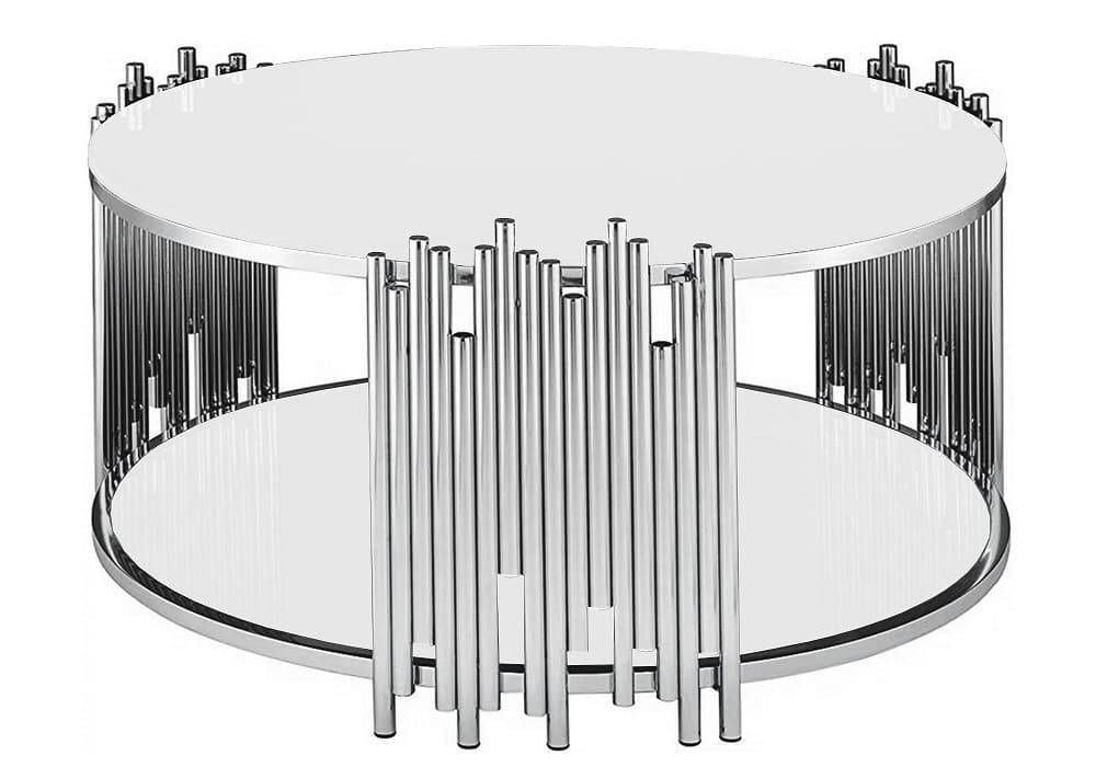 Table Basse ronde STICK Chrome et plateau en verre D90 H45 cm blanc
