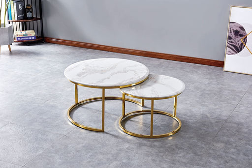 Table Basse Gigogne ARTO Gold et plateau en verre marbré blanc