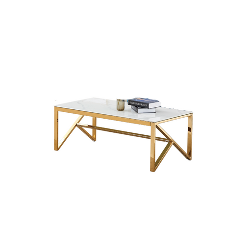 Table Basse MAJESTIQUE Gold et plateau en verre 120x60x45 cm marbré blanc
