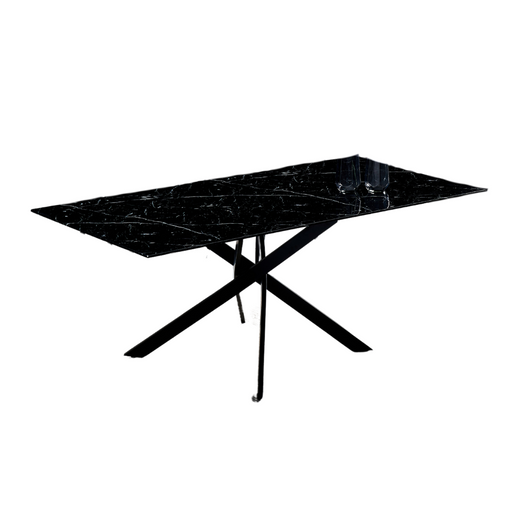 Table Repas JESSICA Métal noir et plateau en verre 150 cm 4 à 6 couverts marbré noir