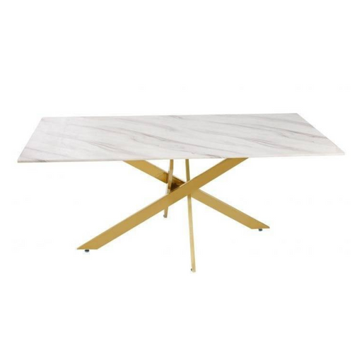 Table Repas JESSICA Gold et plateau en verre 180 cm 6 à 8 couverts marbré blanc