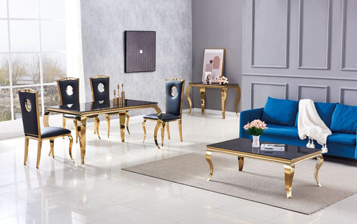 Table à manger BAROQUE 4 à 6 couverts pieds gold plateau en verre 150x90 cm marbré noir