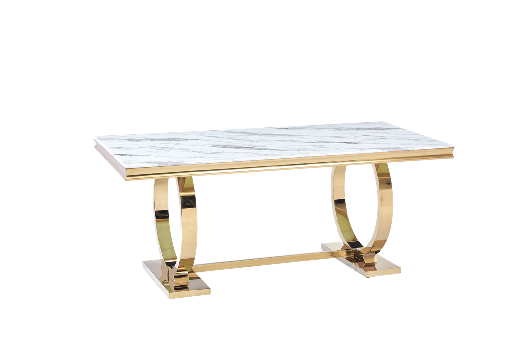 Table à manger 6 à 8 personnes OMEGA Gold verre 180x90 cm marbré blanc