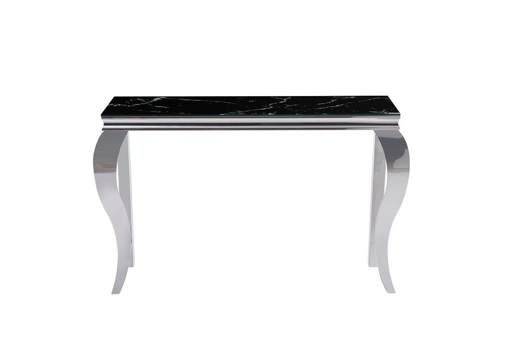 Console BAROQUE Chrome plateau en verre marbré-noir 110x50x85 cm