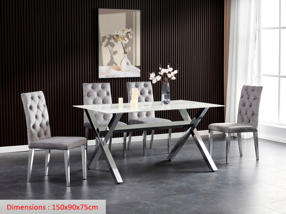 Table à manger IXE chrome plateau en verre trempé 150 cm