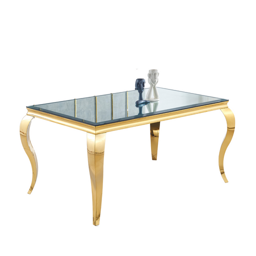 Table à manger BAROQUE 4 à 6 couverts pieds gold plateau en verre 150x90 cm miroir