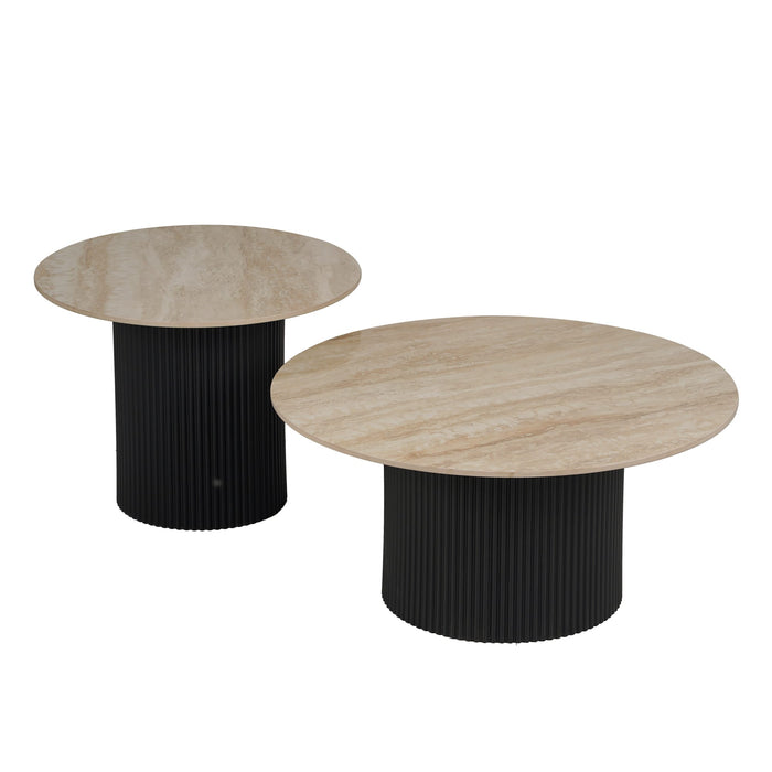 Table basse mina pied metal noir plateau travertin brillant