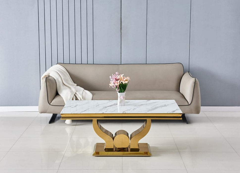 Table basse Trofy Gold et plateau en verre 120x70 cm - image 1