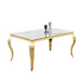 Table à manger BAROQUE 6 à 8 couverts pieds gold plateau en verre 180x90 cm marbré blanc