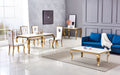 Table à manger BAROQUE 4 à 6 couverts pieds gold plateau en verre 150x90 cm blanc