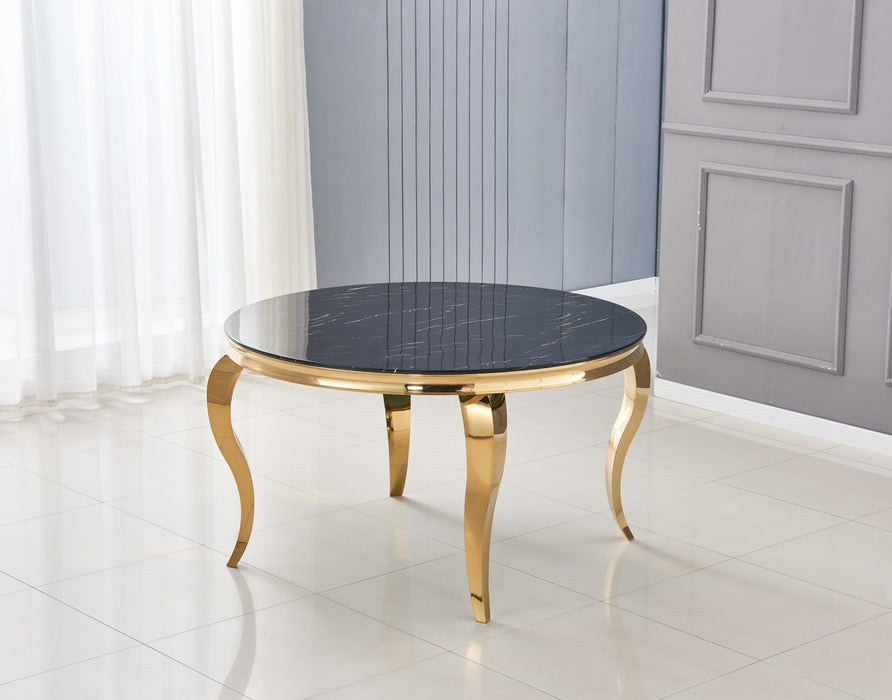 TABLE BAROQUE RONDE PIEDS GOLD PLATEAU EN VERRE MARBRE NOIR 130x75cm - image 1
