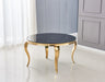 TABLE BAROQUE RONDE PIEDS GOLD PLATEAU EN VERRE MARBRE NOIR 130x75cm - image 1