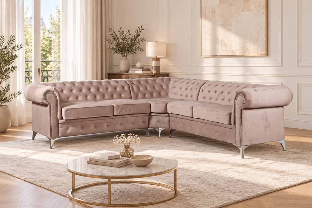 CANAPE D ANGLE CLOUTE TIFFANY VELOURS BEIGE 263x263cm - image 1