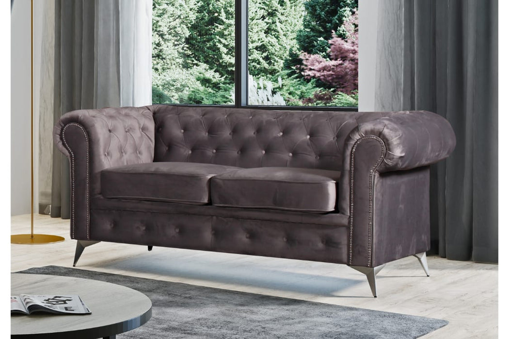 CANAPE CLOUTE TIFFANY 2 PLACES VELOURS GRIS 184x88cm