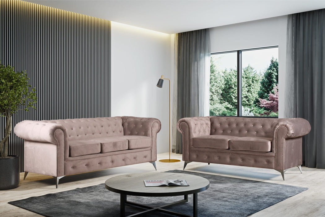 ENSEMBLE CANAPE CLOUTE TIFFANY 3 PLACES + 2 PLACES VELOURS BEIG