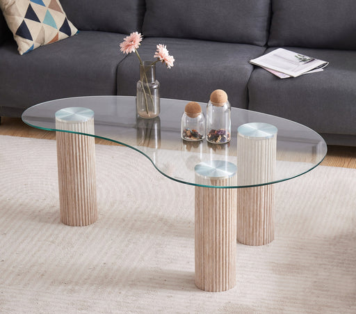 TABLE BASSE PYLONE PIED BEIGE PLATEAU TRANSPARENT 120X70X45cm