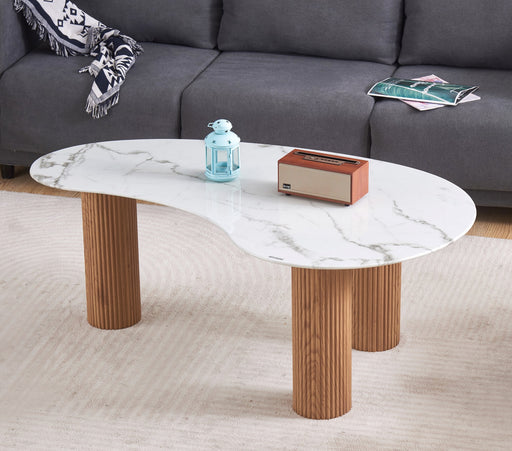 TABLE BASSE PYLONE PIED CHENE PLATEAU MARBRE BLANC 120X70X45cm