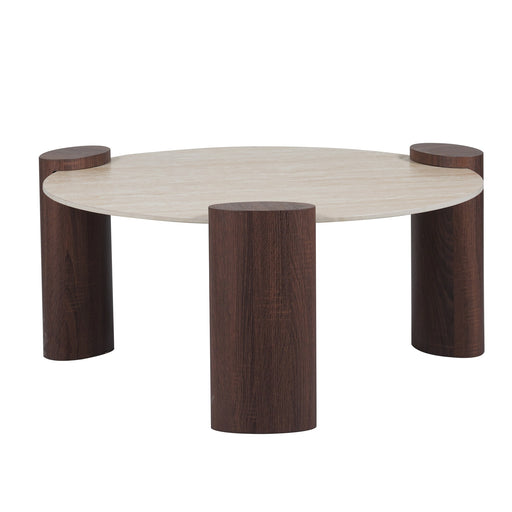 TABLE BASSE TRIQUETRA PIED MDF EFFET NOYER  PLATEAU CERAMIQUE TRAVERTIN MAT 90CM