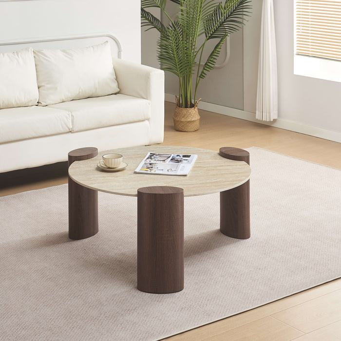TABLE BASSE TRIQUETRA PIED MDF EFFET NOYER PLATEAU CERAMIQUE TRAVERTIN MAT 90CM - image 4