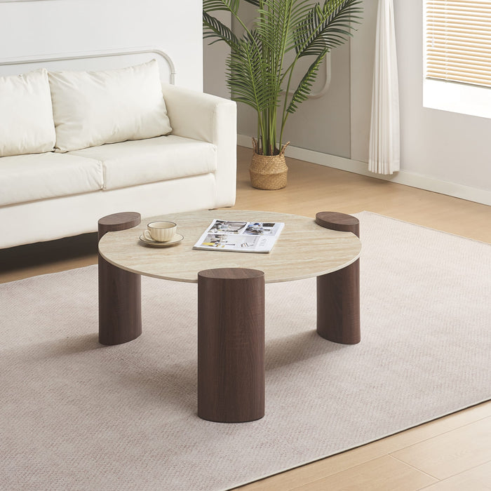 TABLE BASSE TRIQUETRA PIED MDF EFFET NOYER  PLATEAU CERAMIQUE TRAVERTIN MAT 90CM