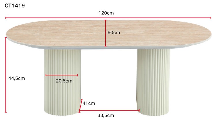 TABLE BASSE ROXY PIED NOISETTE CERAMIQUE TRAVERTIN BRILLANT 120x60x45cm