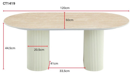 TABLE BASSE ROXY  PIED NOYER PLATEAU CERAMIQUE TRAVERTIN BRILLANT 120x60x45cm