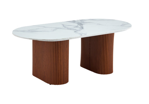 TABLE BASSE ROXY  PIED NOISETTE PLATEAU CERAMIQUE MARBRE BLANC 120