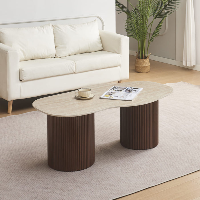 TABLE BASSE NIKI PIED NOYER  PLATEAU CERAMIQUE TRAVERTIN MAT 120CM