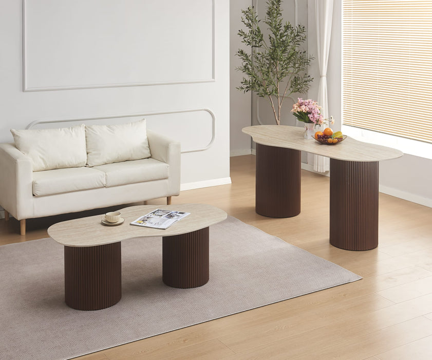 TABLE BASSE NIKI PIED NOYER  PLATEAU CERAMIQUE TRAVERTIN MAT 120CM