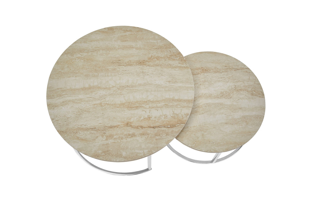 TABLE BASSE GIGOGNE PIED CHROME PLATEAU CERAMIQUE TRAVERTIN BRILLANT - image 2