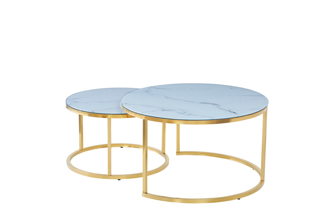 Ensemble de 2 Tables Basse Gigogne Marbre Blanc Gold Brossé