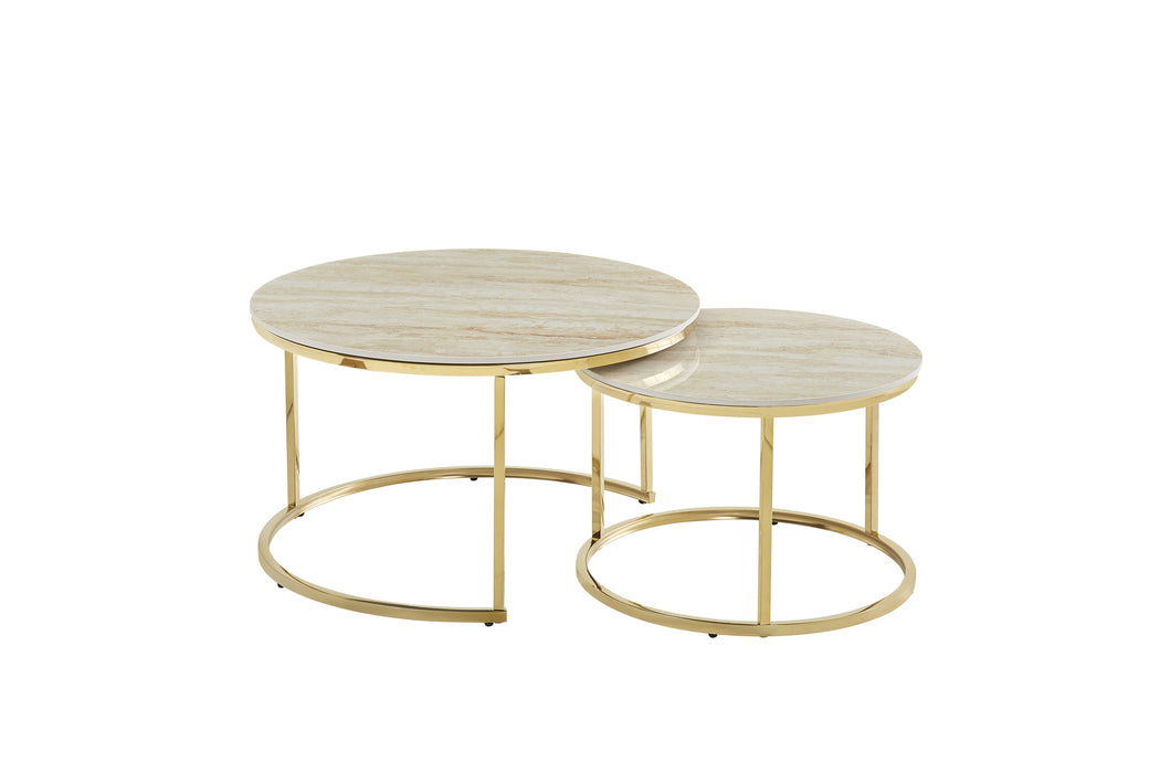 TABLE BASSE GIGOGNE PIED GOLD PLATEAU CERAMIQUE TRAVERTIN BRILLANT - image 1