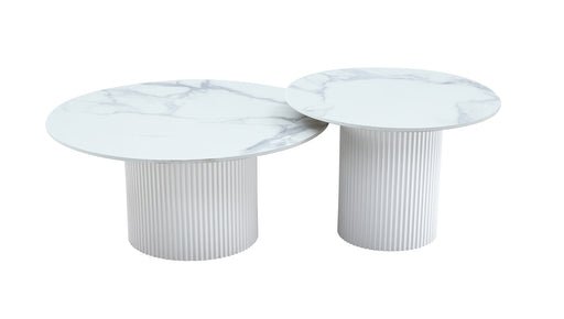 Table basse mina pied metal blanc plateau ceramique marbre blanc