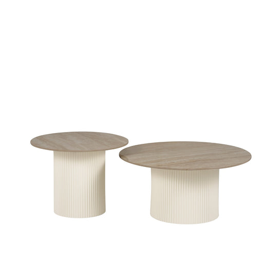 Table basse mina pied metal blanc plateau travertin brillant