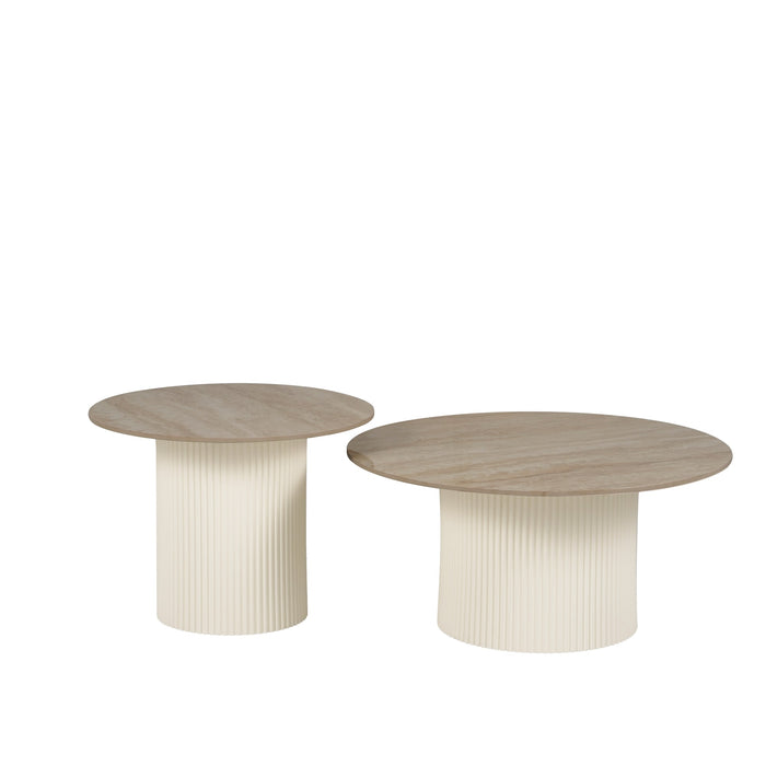 Table basse mina pied metal blanc plateau travertin brillant