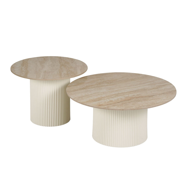 Table basse mina pied metal blanc plateau travertin brillant