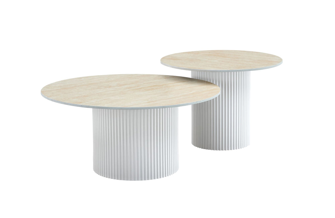 Table basse mina pied metal blanc plateau travertin mat