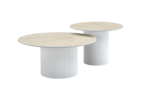 Table basse mina pied metal blanc plateau travertin mat
