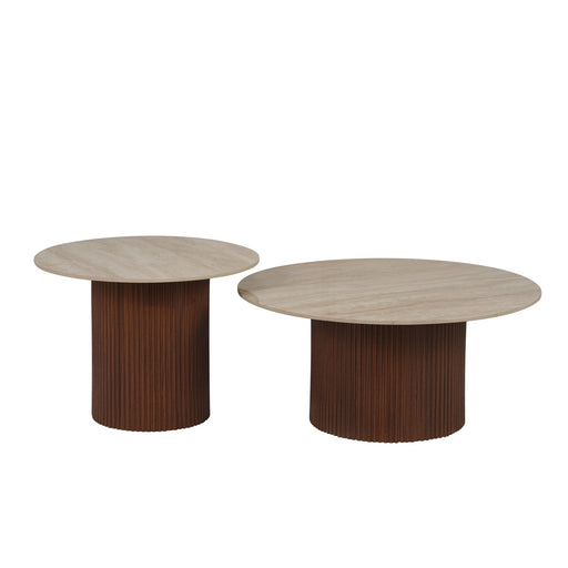 Table basse Mina pied noyer plateau ceramique travertin brillant