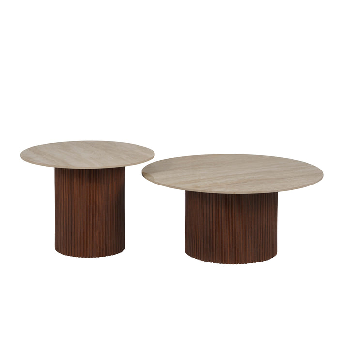 Table basse Mina pied noyer plateau ceramique travertin brillant - image 1