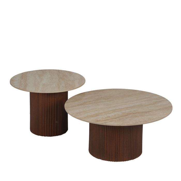 Table basse Mina pied noyer plateau ceramique travertin brillant - image 2