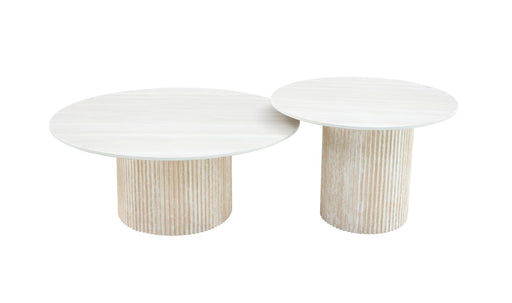 Table basse Mina pied travertin plateau ceramique bois blanc