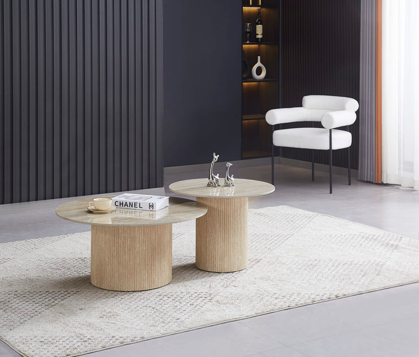 Table basse Mina pied travertin plateau ceramique travertin brillant