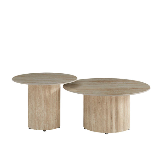 Table basse Mina pied travertin plateau ceramique travertin brillant