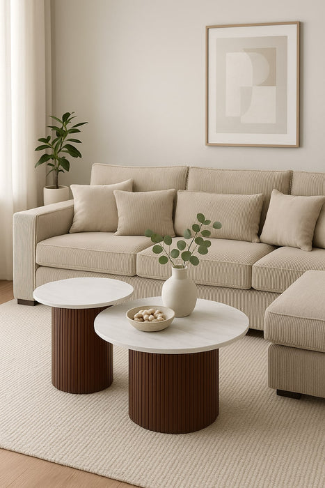 Table basse Mina pied noyer plateau ceramique bois blanc