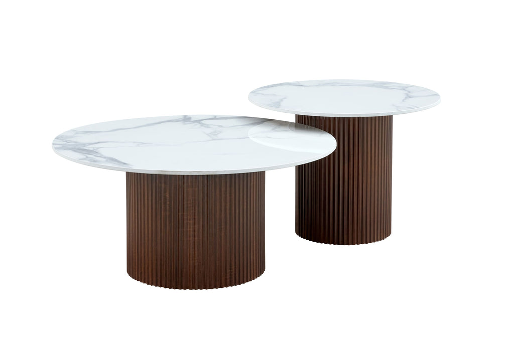 Table basse Mina pied noyer plateau ceramique marbre blanc - image 2