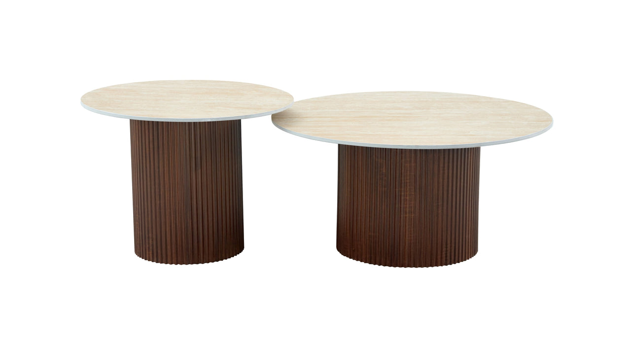 Table basse Mina pied noyer plateau ceramique travertin mat - image 2