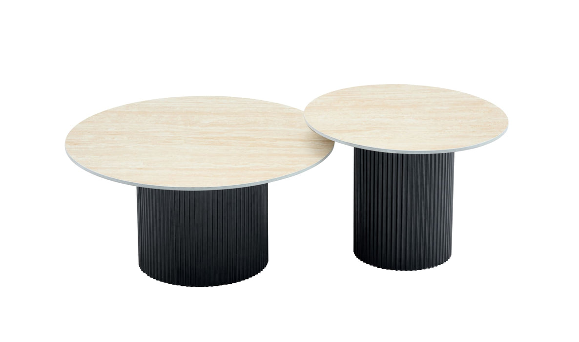 Table basse mina pied metal noir plateau travertin mat