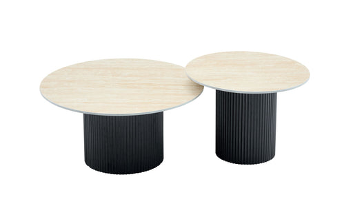 Table basse mina pied metal noir plateau travertin mat
