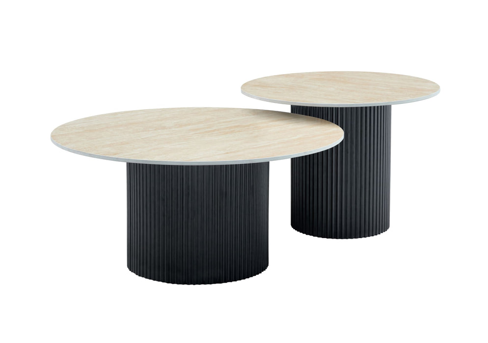 Table basse mina pied metal noir plateau travertin mat